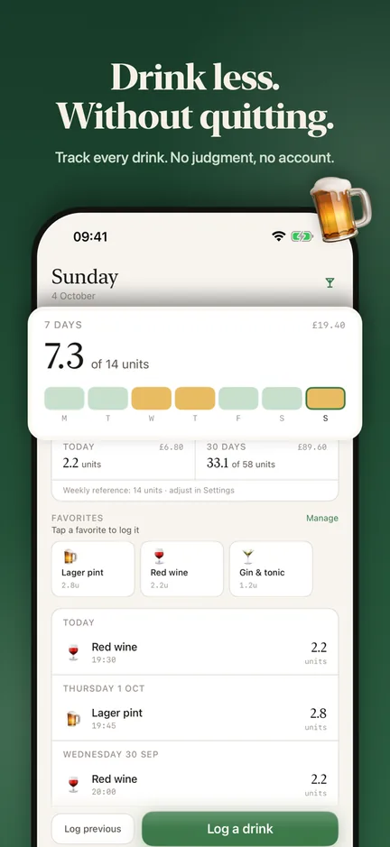 Modraly home screen on iPhone showing today, 7-day and 30-day unit totals, favourite drinks and a Log a drink button